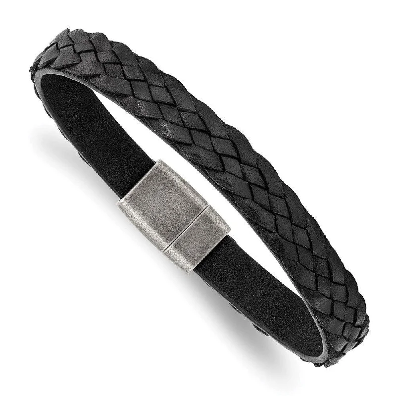 Bangle bracelets with gold and silver mixed metals for a stylish and versatile accessory-Stainless Steel Antiqued Black Braided Leather 8.25in Bracelet