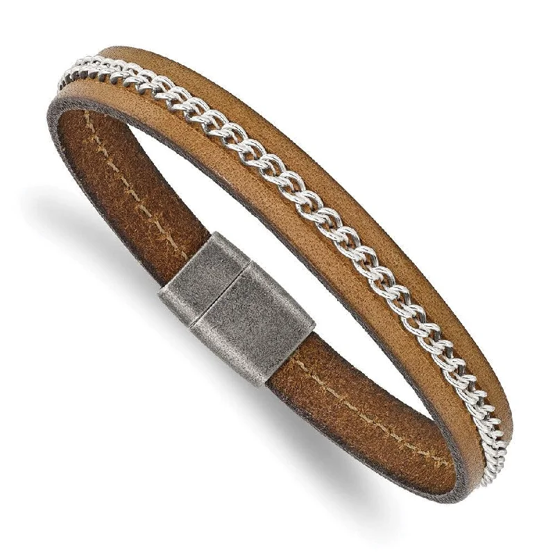 Wide bangle bracelets with bright gemstone accents for a bold, vibrant style-Stainless Steel Antiqued Brushed & Polished Brown Leather & Chain Bracelet