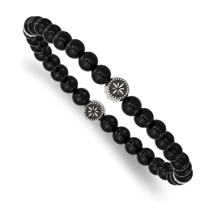 Customizable bangle bracelets with initials for a personalized, meaningful gift-Stainless Steel Antiqued & Polished Black Agate Beaded Stretch Bracelet