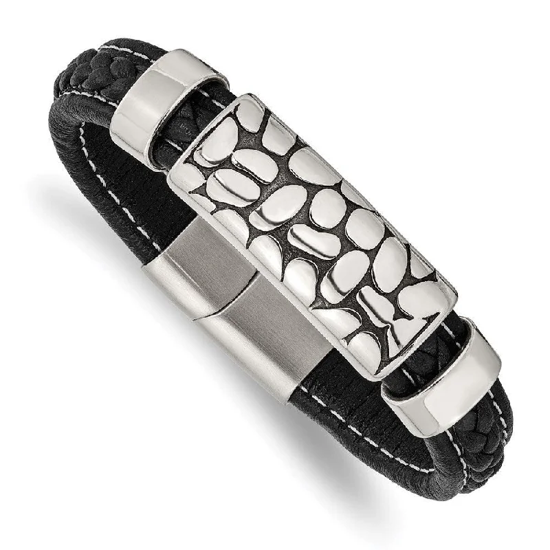 Best bangle bracelets with cubic zirconia for a dazzling and affordable alternative to diamonds-Stainless Steel Antiqued & Polished Black Faux Leather 8.5in Bracelet