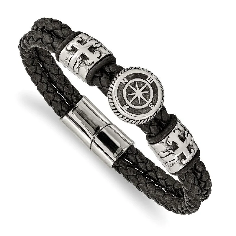 Best bangle bracelets with infinity symbols for a timeless and meaningful design-Stainless Steel Antiqued & Polished Black Leather w/Rubber 8.25in Bracelet