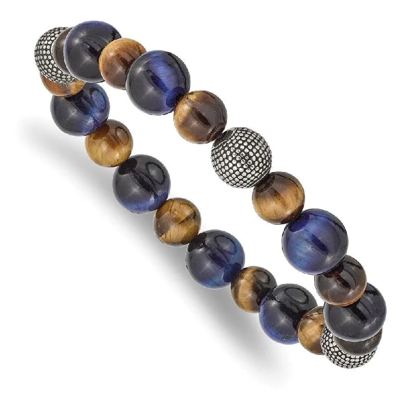 Classic bangle bracelets with pearl embellishments for a feminine and classic touch-Stainless Steel Antiqued & Polished Brown/Blue Tiger's Eye Stretch Bracelet