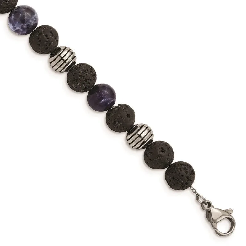 Stainless steel bangle bracelets with polished finishes for a sleek and durable design-Stainless Steel Antiqued & Polished Lava Stone/Sodalite w/1in ext Bracelet