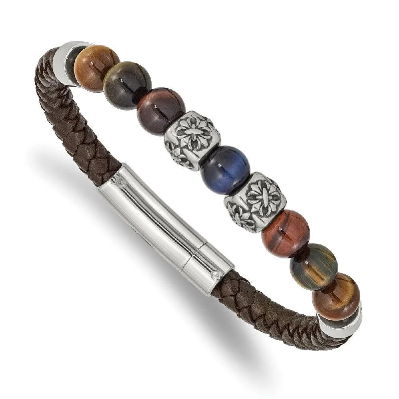 Best bangle bracelets with engraved floral patterns for a delicate and elegant design-Stainless Steel Antiqued & Polished MultiColor Tiger's Eye Leather Bracelet