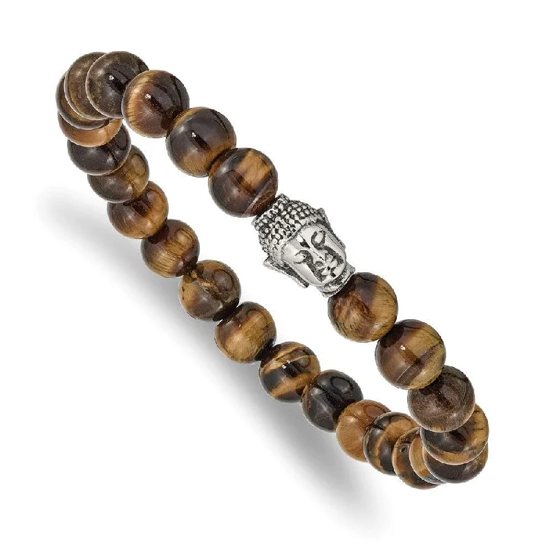 Unique bangle bracelets with colorful enamel designs for a vibrant and playful look-Stainless Steel Antiqued & Polished Tiger's Eye Buddha Stretch Bracelet