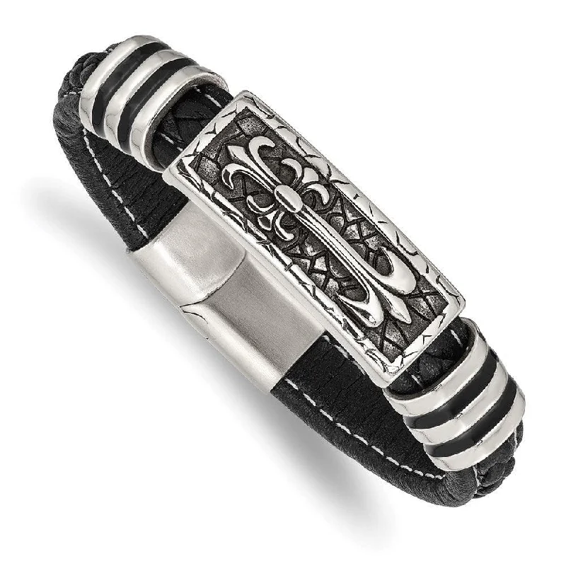 Wide bangle bracelets with boho-inspired patterns for a free-spirited design-Stainless Steel Antiqued & Polished w/Enamel Faux Leather 8.5in Bracelet