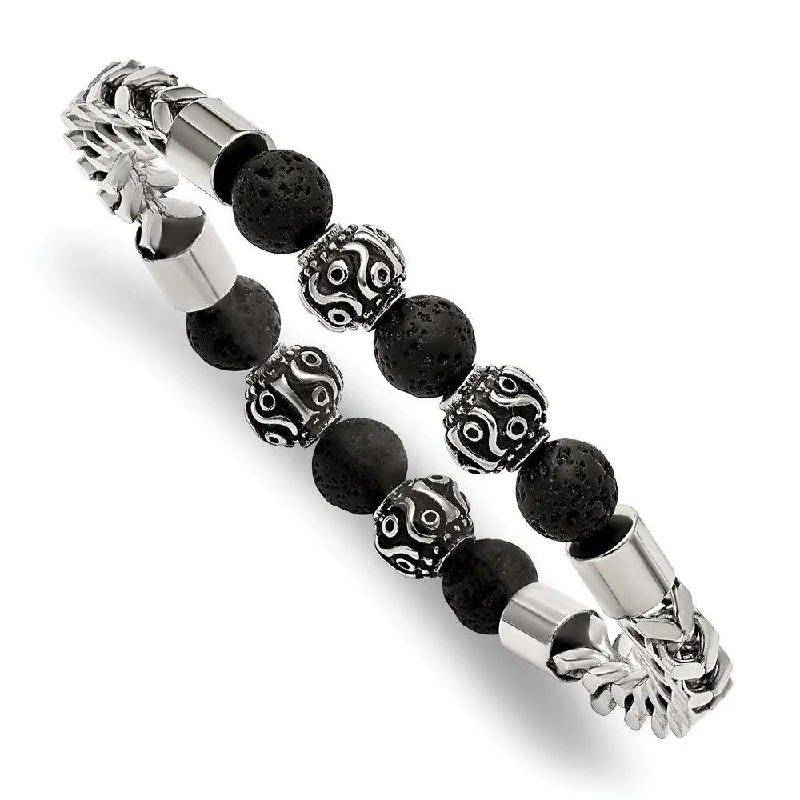 Wide bangle bracelets with animal print designs for a bold and exotic look-Stainless Steel Antiqued & Polished w/Lava Stone Beads Stretch Bracelet