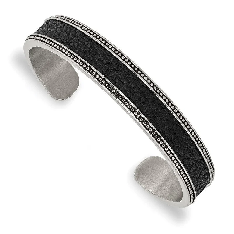 Vintage-inspired bangle bracelets with etched detailing for a timeless, antique look-Stainless Steel Antiqued & Polished w/Textured Leather Inlay 12mm Bangle