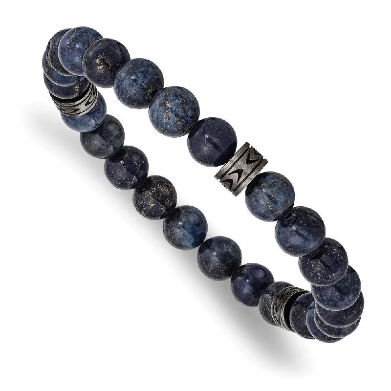 Best bangle bracelets with pearls and crystals for a glamorous and sophisticated look-Stainless Steel Antiqued White Bronze-plated Lapis Beaded Stretch Bracelet