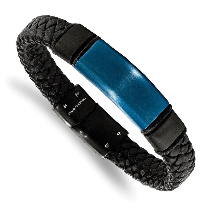 Minimalist bangle bracelets with a thin profile for a sleek and subtle appearance-Stainless Steel Black & Blue IP-plated w/Silicone & Leather 8.25in Bracelet