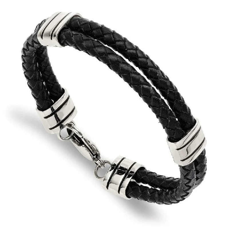 Best bangle bracelets with Swarovski crystals for a touch of sparkle and elegance-Stainless Steel Black Leather 9in Bracelet