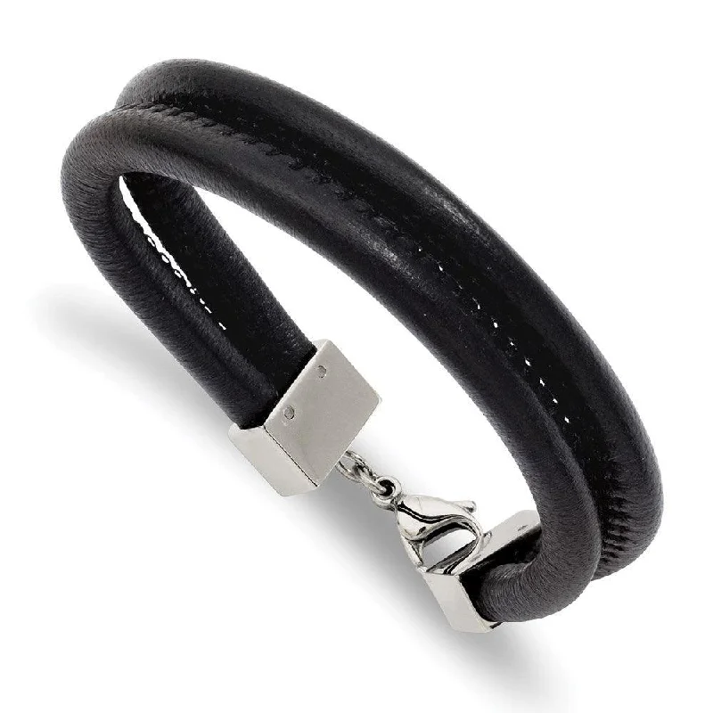 Best bangle bracelets with minimalist silver designs for a timeless, versatile look-Stainless Steel Black Leather Double Row 8.5in Bracelet