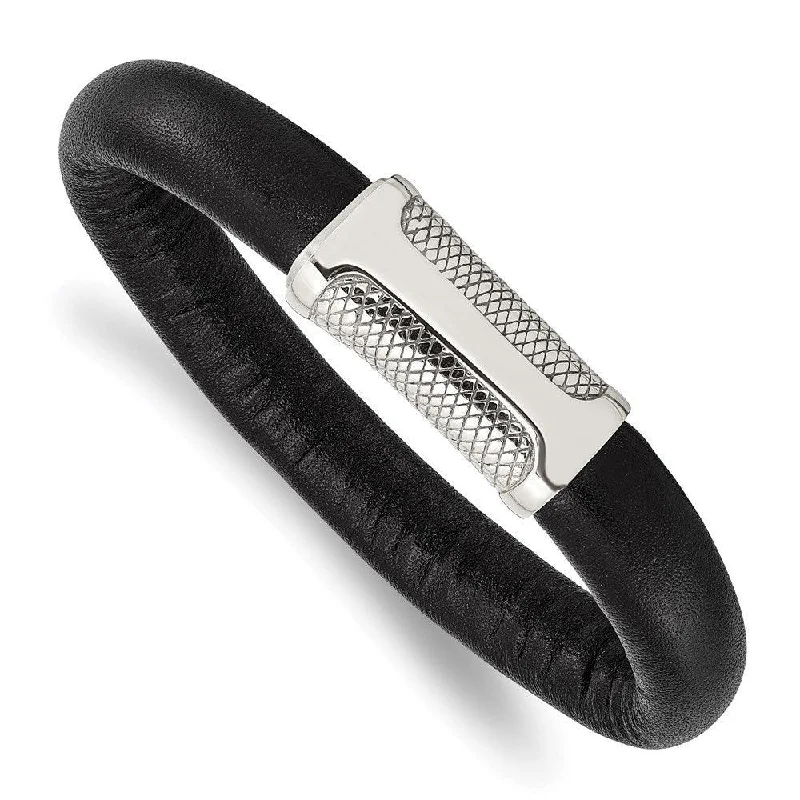 Best bangle bracelets with minimalist geometric designs for a contemporary, edgy look-Stainless Steel Black Leather & Textured 8.5in Bracelet