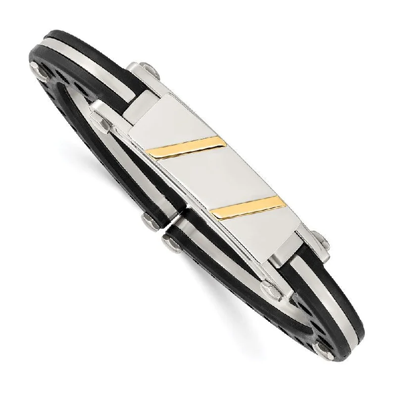 Wide metal bangle bracelets with engraved patterns for a luxurious and intricate look-Stainless Steel Black PVC & 14k Yellow Inlay Hinged Bangle