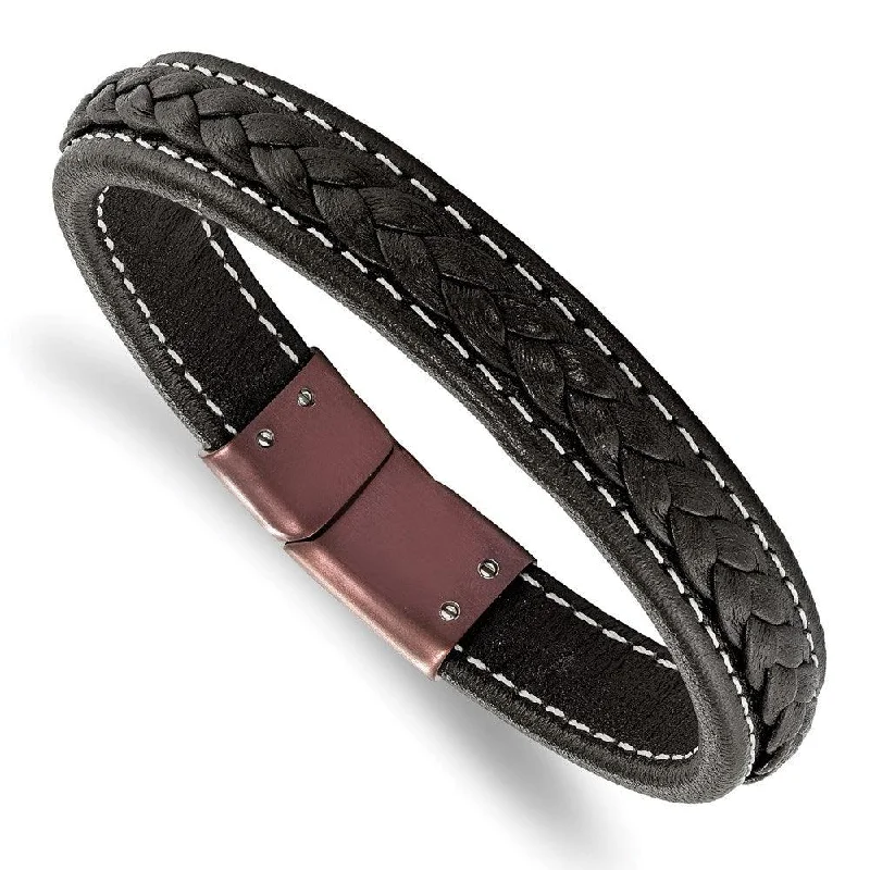 Chunky bangle bracelets with metallic finishes for a bold and statement-making look-Stainless Steel Brown IP-plated Genuine Leather 8.25in Bracelet