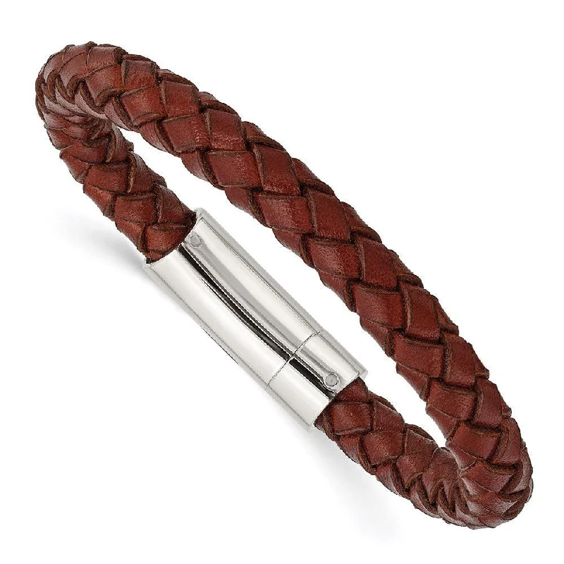 Sleek bangle bracelets with modern metallic finishes for a polished, chic design-Stainless Steel Brown Leather 8.5in Bracelet