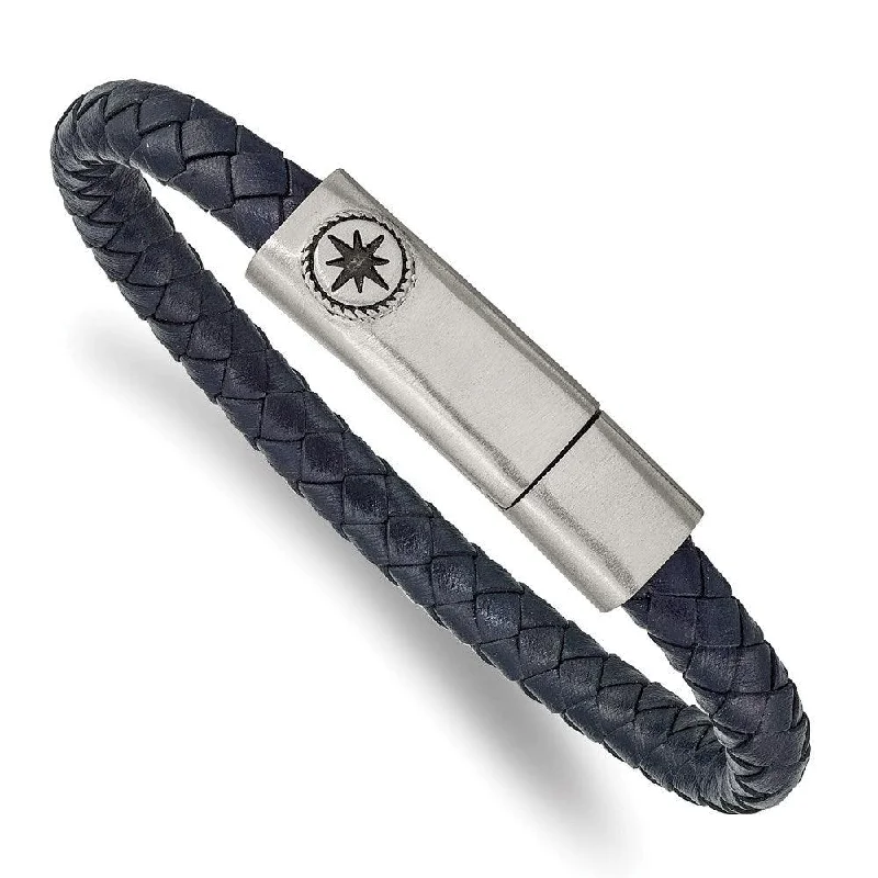 Best bangle bracelets with adjustable sizes for a comfortable and perfect fit-Stainless Steel Brushed and Oxidized Blue Leather Compass 8in Bracelet