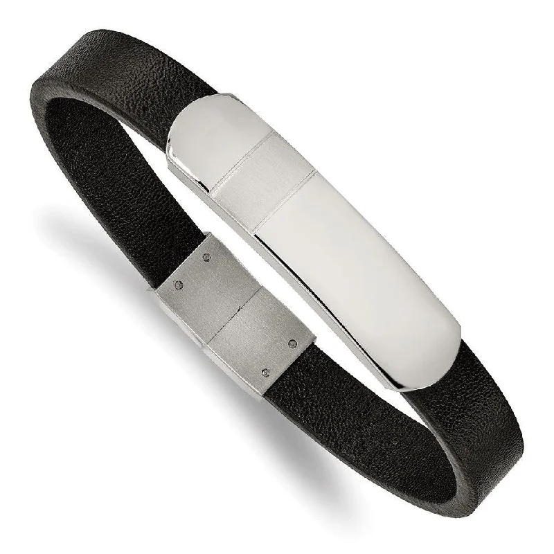 Best bangle bracelets with crystal accents for added sparkle and glamour-Stainless Steel Brushed and Polished Black Leather 8.5in ID Bracelet