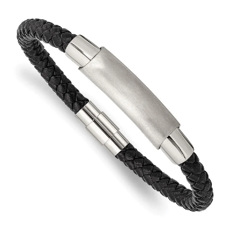 Simple bangle bracelets with open designs for a trendy and minimalist style-Stainless Steel Brushed and Polished Braided Black Leather 8.25in Bracelet