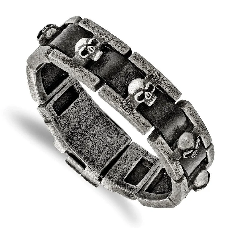 Adjustable bangle bracelets with toggle clasps for easy, secure wearing-Stainless Steel Brushed Antiqued Skull Black Leather Bracelet