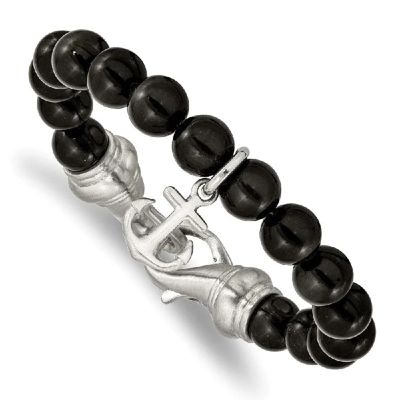 Best bangle bracelets with pastel-colored stones for a soft and delicate appearance-Stainless Steel Brushed Black Agate Beads 8in Anchor Bracelet