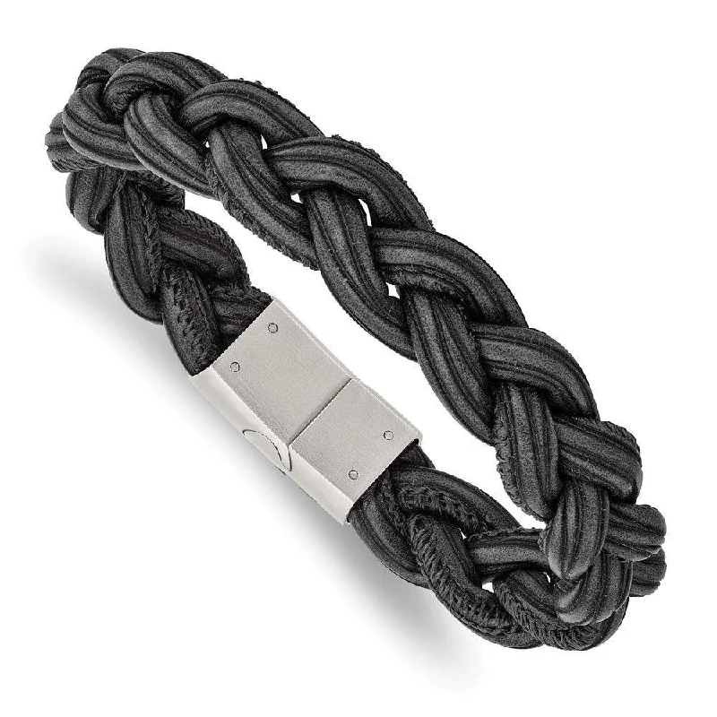 Best bangle bracelets with braided designs for a textured and sophisticated look-Stainless Steel Brushed Black Braided Faux Leather 8.25in Bracelet