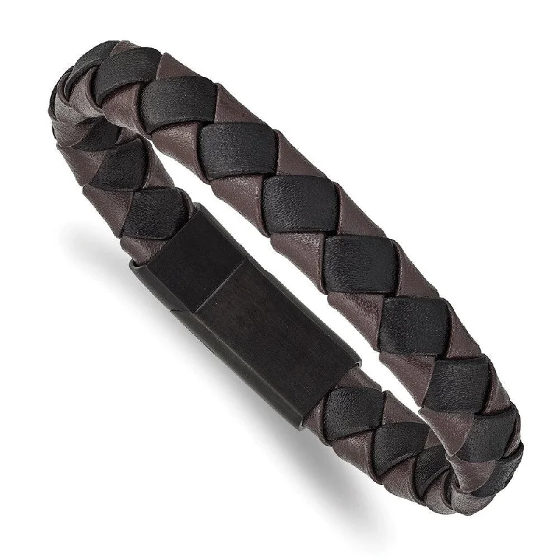 Best bangle bracelets with intricate filigree patterns for an elegant and detailed finish-Stainless Steel Brushed Black IP Black/Brown Leather 8.25in Bracelet