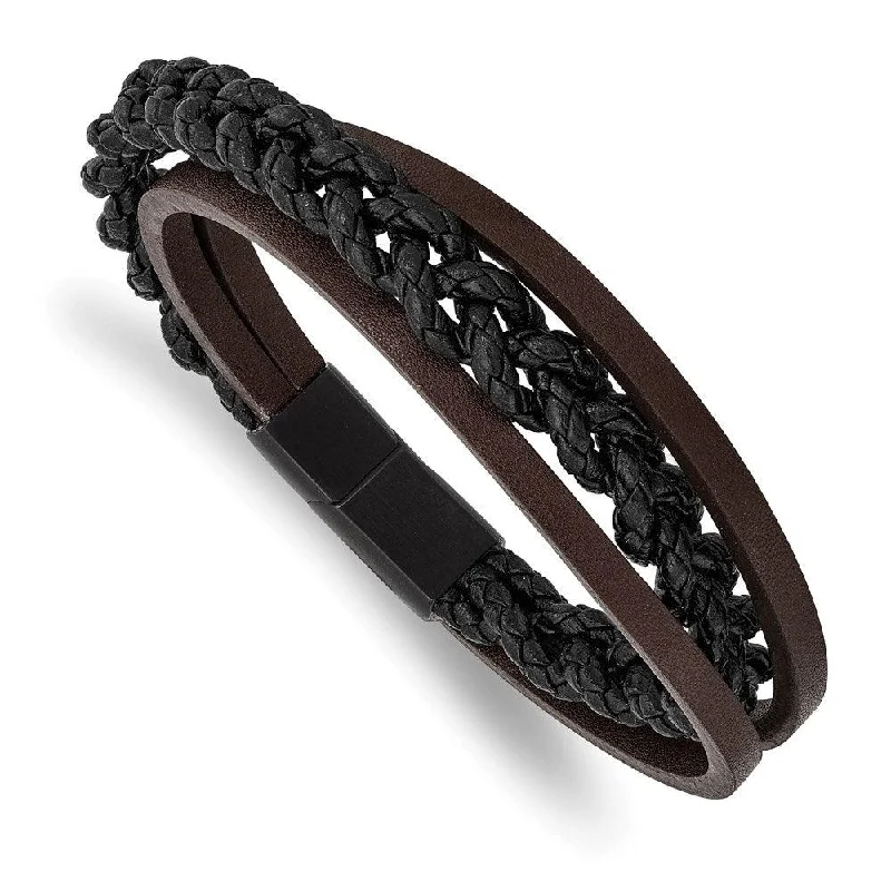 Classic bangle bracelets with pearl embellishments for a feminine and classic touch-Stainless Steel Brushed Black IP Multi Strand Black/Brown Leather Bracelet