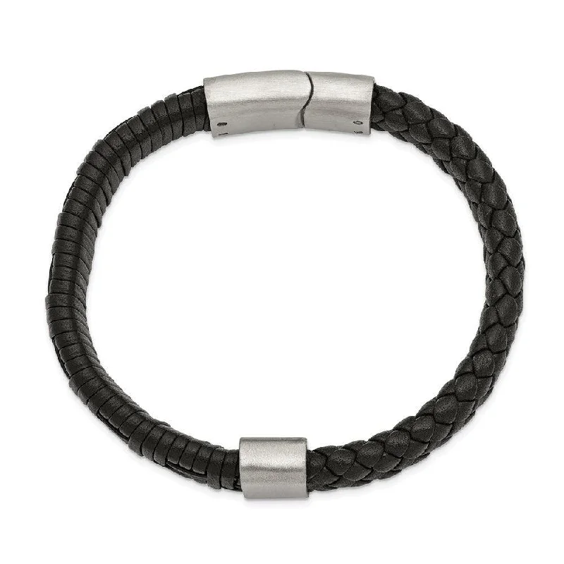 Best bangle bracelets with clear acrylic for a modern, transparent design-Stainless Steel Brushed Black Leather 8.25in Bracelet