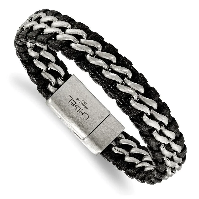 Stylish bangle bracelets with gemstone accents for a chic and modern look-Stainless Steel Brushed Black Leather Bracelet