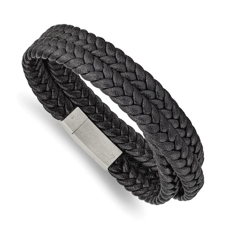 Oversized bangle bracelets with unique textures for a statement-making accessory-Stainless Steel Brushed Black Leather Braided 23in Wrap Bracelet