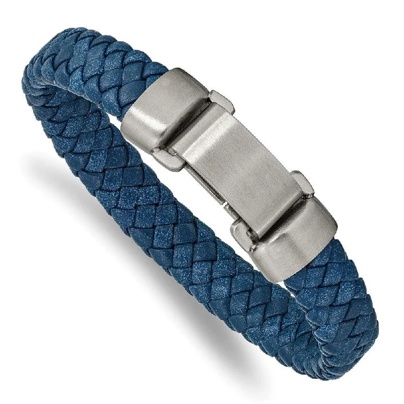 Best bangle bracelets with minimalist silver designs for a timeless, versatile look-Stainless Steel Brushed Blue Leather 8.25in Bracelet