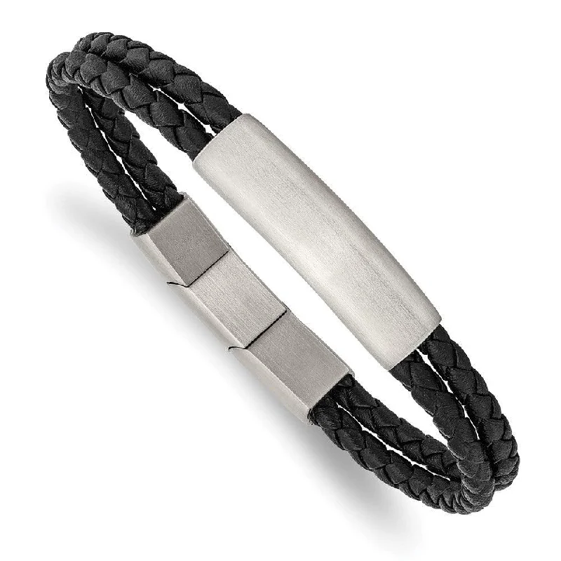 Stylish bangle bracelets with gemstone accents for a chic and modern look-Stainless Steel Brushed Braided Black Leather w/.5in ext 8in Bracelet