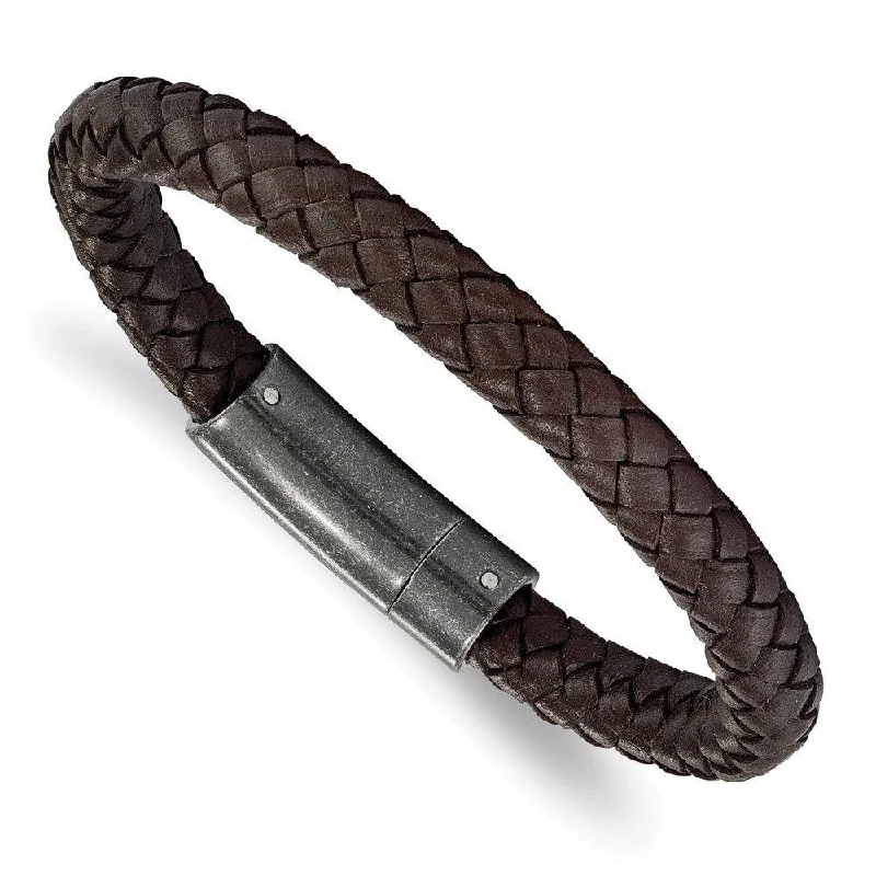 Silver bangle bracelets with hammered textures for a rustic and modern finish-Stainless Steel Brushed Brown Braided Genuine Leather 8.25in Bracelet