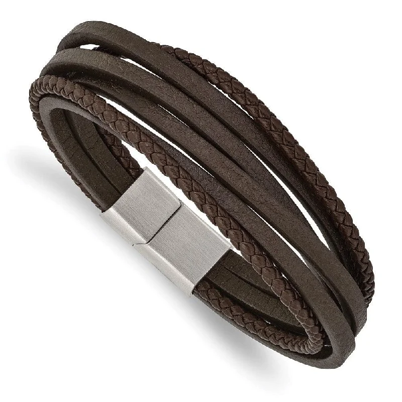 Bold bangle bracelets with textured finishes for a dynamic and modern style-Stainless Steel Brushed Brown Leather Multi Strand 8in Bracelet