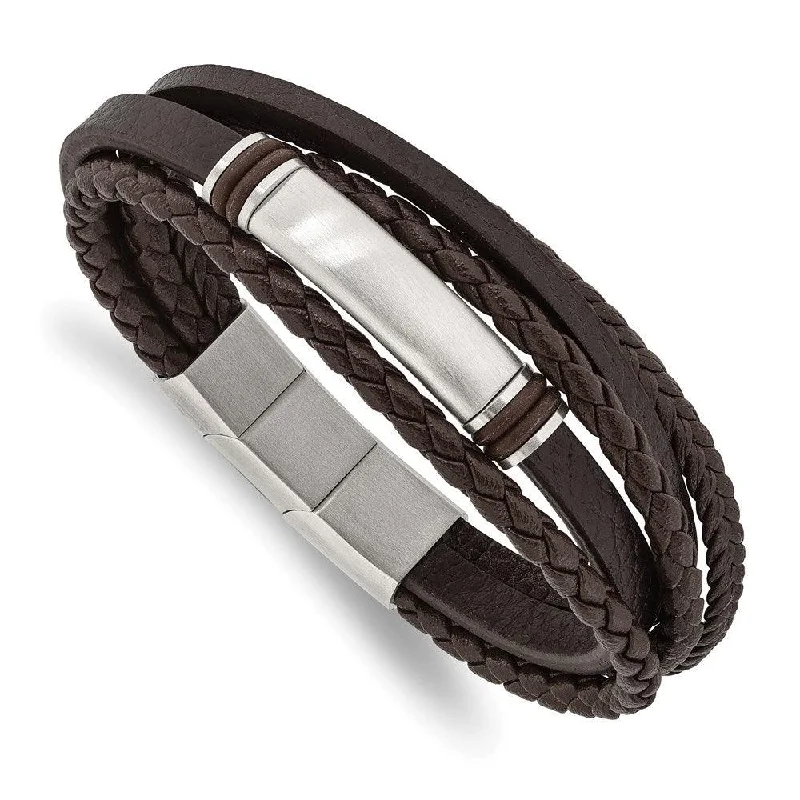 Best bangle bracelets with adjustable sizes for a comfortable and perfect fit-Stainless Steel Brushed Brown PU Leather & Rubber w/.5in ext 8in Bracelet