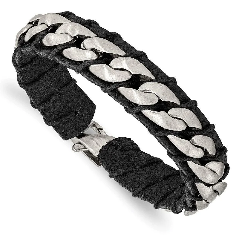 Bangle bracelets with polished marble inlays for a chic and trendy appearance-Stainless Steel Brushed Chain and Black Leather 8.5in Bracelet