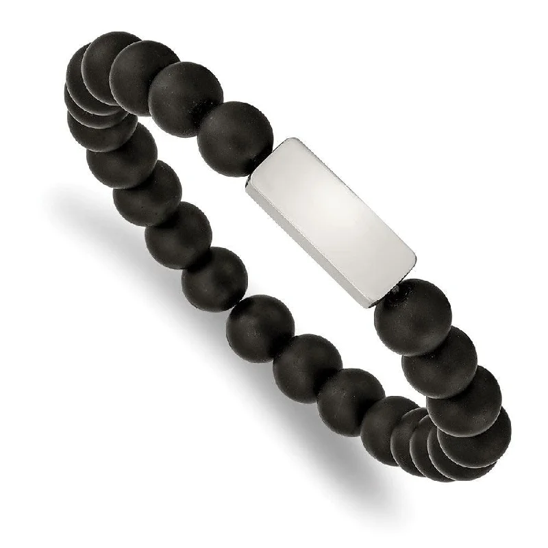 Best bangle bracelets with durable enamel finishes for long-lasting wear and vibrant colors-Stainless Steel Brushed ID Plate Black Agate Bead Stretch Bracelet