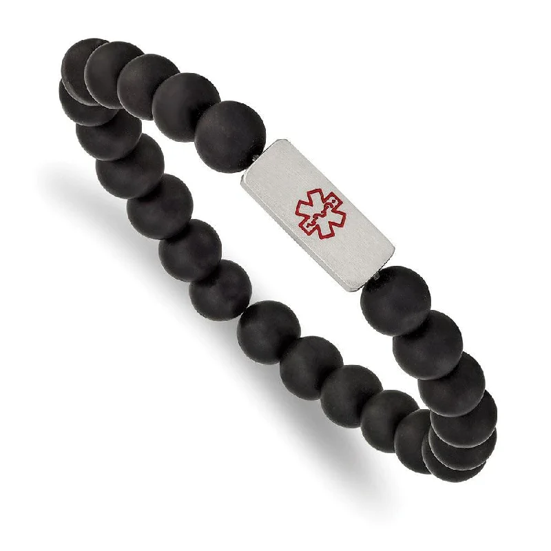 Lightweight bangle bracelets with subtle shimmer for an understated yet elegant look-Stainless Steel Brushed Medical ID Plate Black Agate Bead Stretch Bracelet