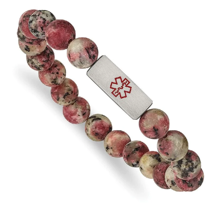 Best bangle bracelets with enamel floral patterns for a delicate and feminine touch-Stainless Steel Brushed Medical ID Rhodochrosite Bead Stretch Bracelet