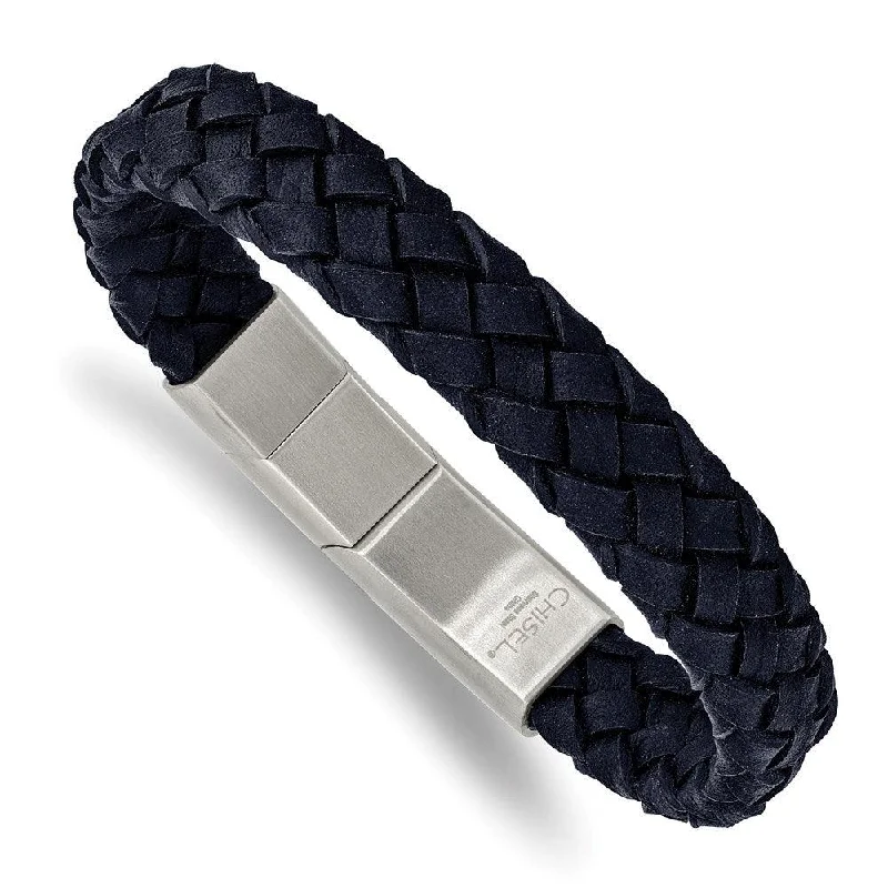 Elegant bangle bracelets with diamond-shaped stones for a sophisticated look-Stainless Steel Brushed Navy Braided Leather 8.25in w/.5in ext. Bracelet