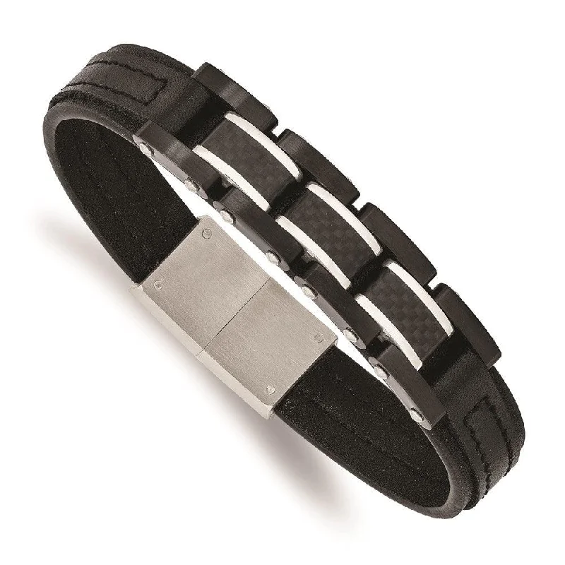 Best bangle bracelets with pastel-colored stones for a soft and delicate appearance-Stainless Steel Brushed & Polished Black IP Carbon Fiber Leather Bracelet