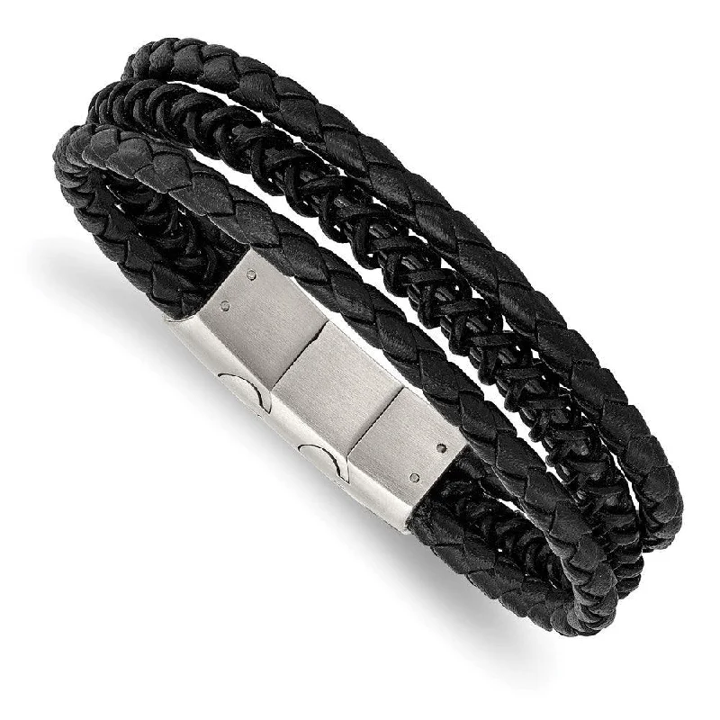 Elegant bangle bracelets with diamond-cut designs for added sparkle and elegance-Stainless Steel Brushed & Polished Black IP Leather w/.5in ext Bracelet