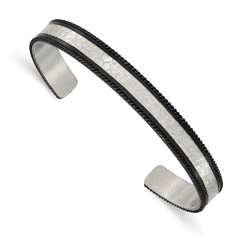 Best bangle bracelets with gold-plated finishes for an affordable luxury option-Stainless Steel Brushed Polished & Hammered Black IP Wire Edge Bangle