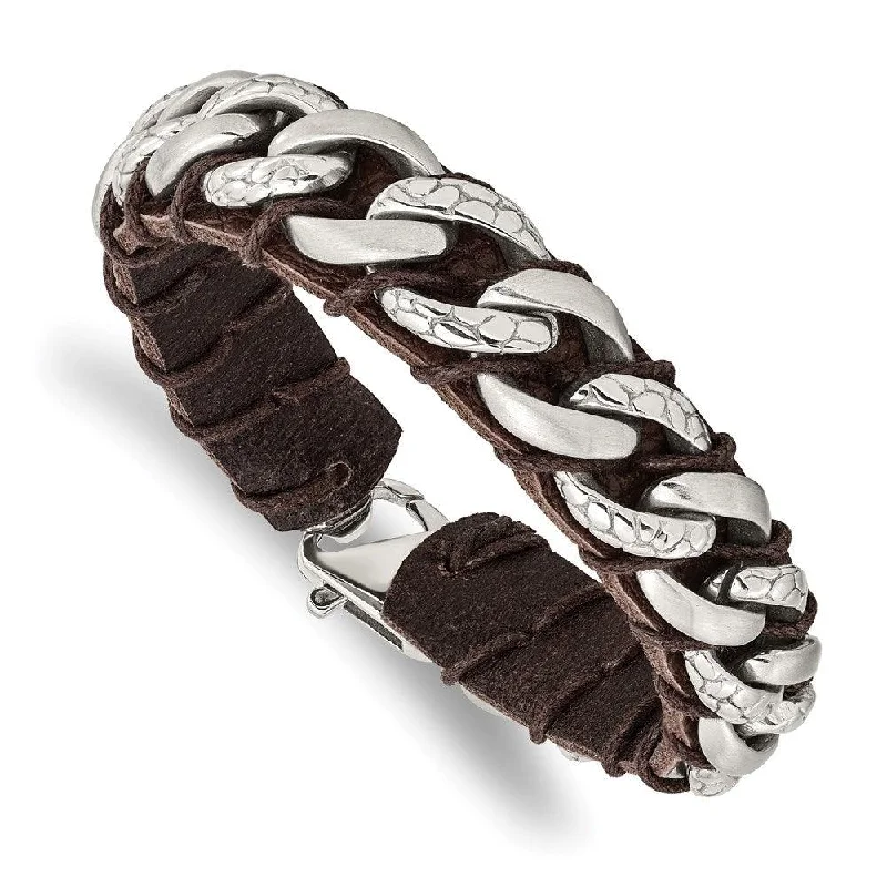 Best bangle bracelets with thin, delicate chains for an understated, sophisticated look-Stainless Steel Brushed Polished & Textured Brown Leather 8.5in Bracelet