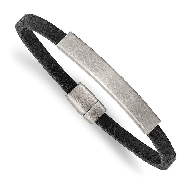 Best bangle bracelets with engraved messages for personalized gifts and keepsakes-Stainless Steel Brushed Textured Black PU Leather 8.25in ID Bracelet