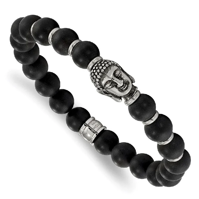 Best bangle bracelets with adjustable sizes for a comfortable and perfect fit-Stainless Steel Buddha Black Agate Beaded Stretch Bracelet