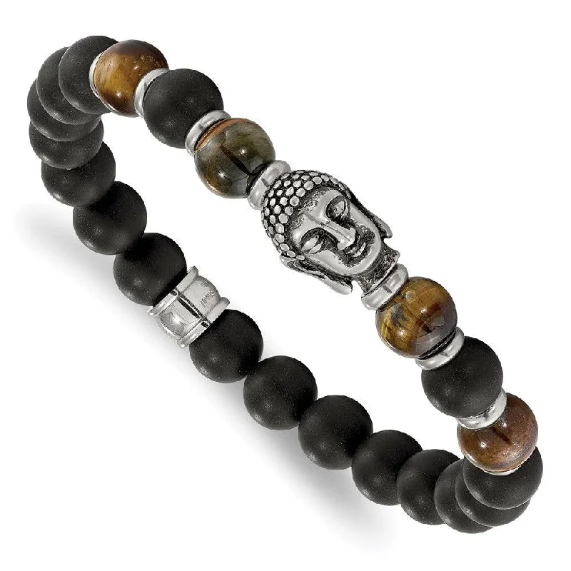 Elegant bangle bracelets with diamonds for a luxurious and sparkling accessory-Stainless Steel Buddha Black Agate Tiger Eye Beaded Stretch Bracelet