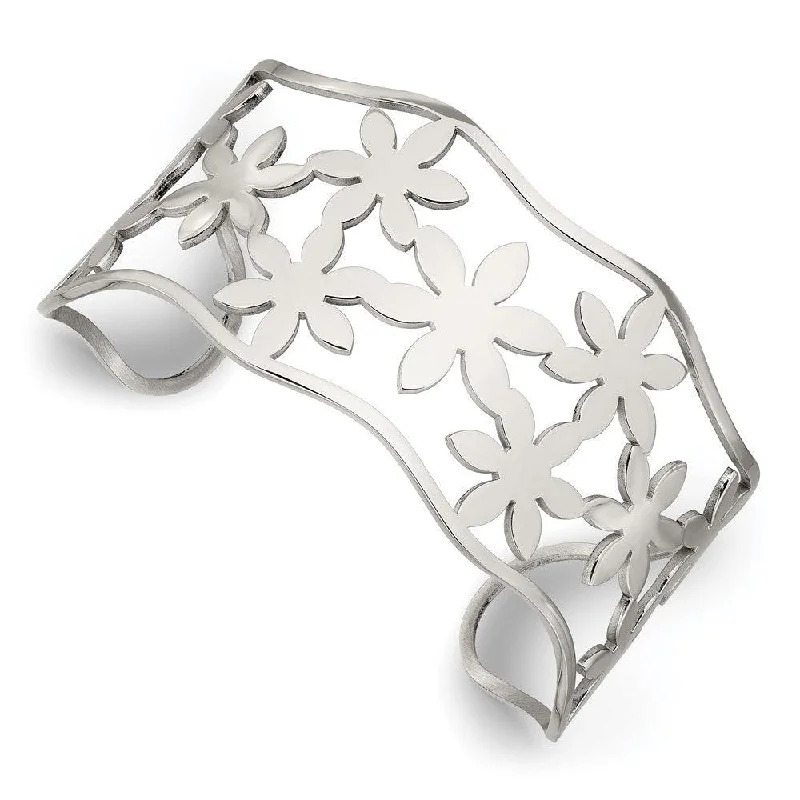 Best bangle bracelets with vibrant stones for a rich and colorful appearance-Stainless Steel Flowers Cuff Bangle