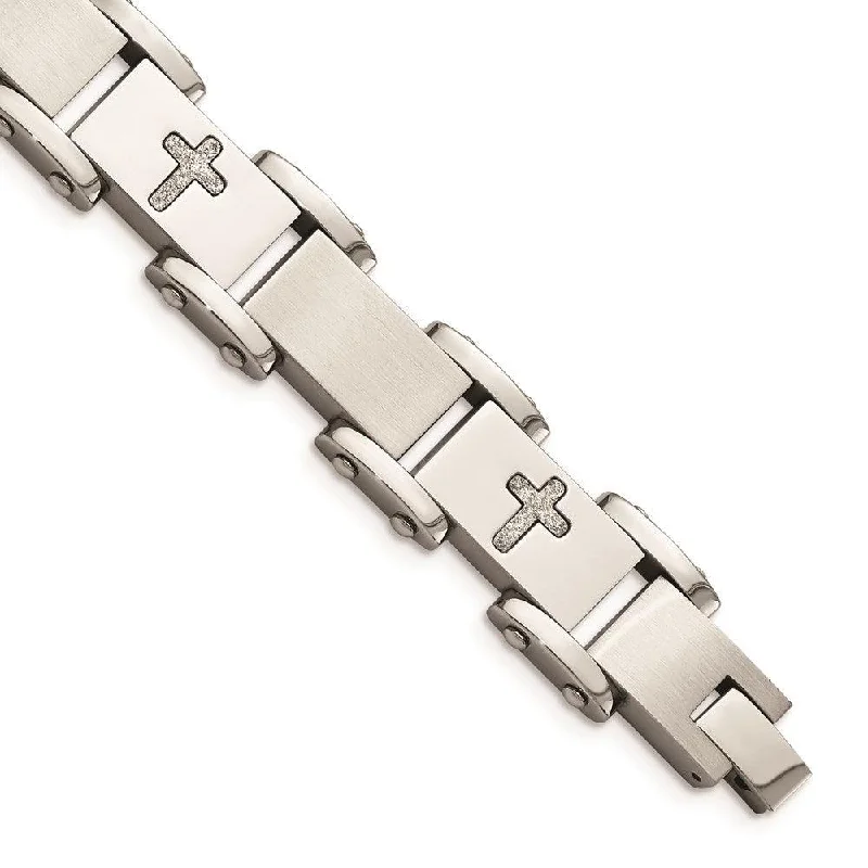 Best bangle bracelets with hand-crafted details for a unique and artisanal touch-Stainless Steel Laser Cut Crosses 8.75in Bracelet